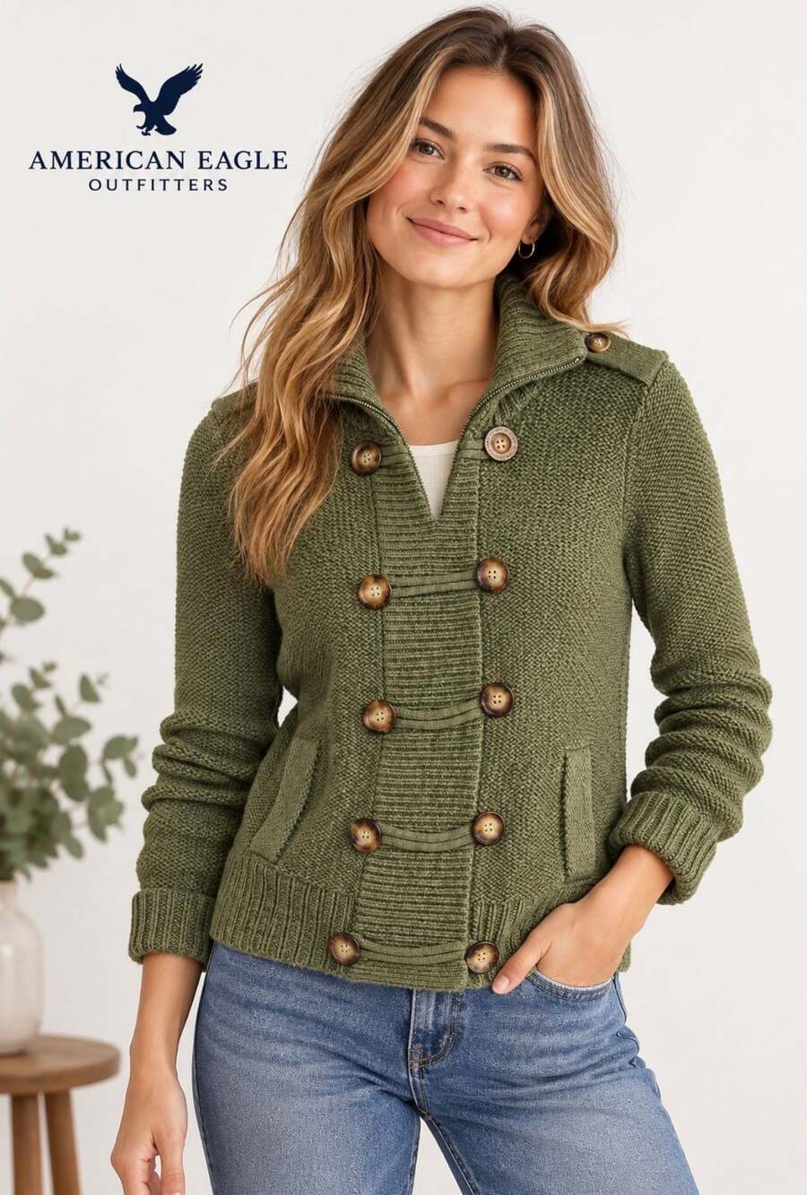 American Eagle Y2K Olive Military Wool Rabbit Hair Knit Cardigan Jacket S